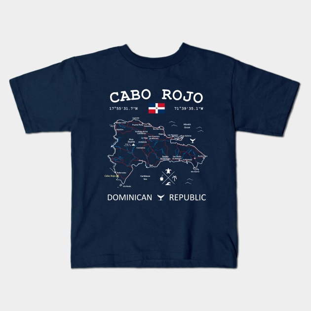 Cabo Rojo Dominican Republic Flag Travel Map Coordinates Roads Rivers and Oceans Kids T-Shirt by French Salsa